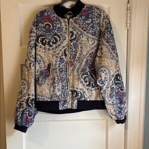 Free People Cream Paisley Bomber Jacket with Blue & Red Details